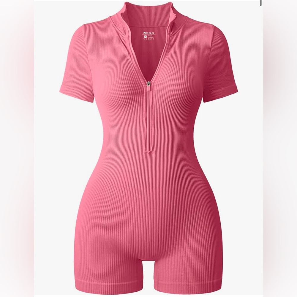 OQQ Women Rompers Ribbed Short Sleeve Zip Front Stretch